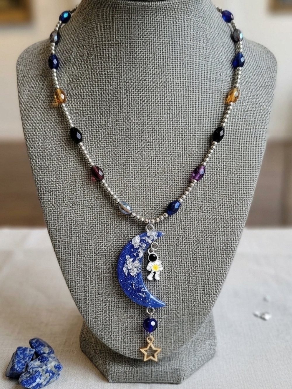 Dreamy Cosmic Celestial Star Moon Astrology Astronaut Crystal Beaded Necklace